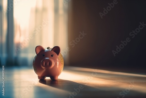 Piggy bank and saved up money coins. generative ai.