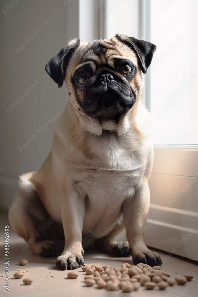 Curious Pug dog looking at the camera in home. Adorable pet. Waiting for the over. Dog food. At an appointment with a veterinarian. Love for animals. generative ai 