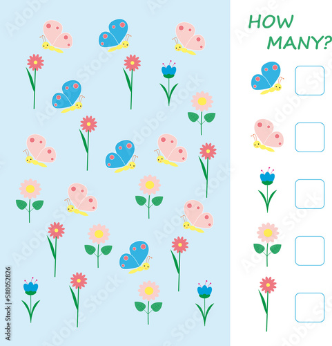 Educational math game for kids. Bright illustration with flowers and butterflies. © Marina