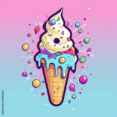Melting ice cream balls in the waffle cone. Vector flat outline icon. Comic character in cartoon style illustration for t shirt design. Generative Ai.