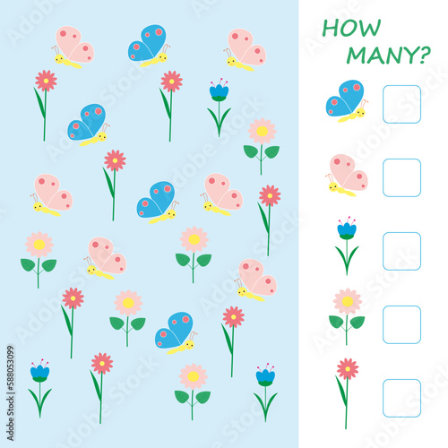 Educational math game for kids. Bright illustration with flowers and butterflies.