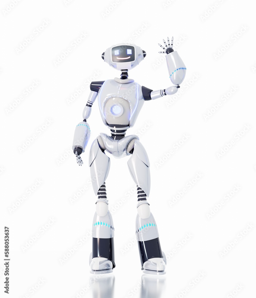 Friendly robot stand and wave its hand. 3D rendering illustration Friendly robot stand and wave its hand. 3D rendering illustration