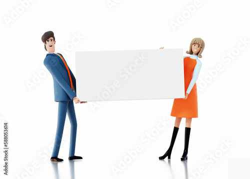 Business people holding big banner with space for text and smile to camera. 3D rendering illustration