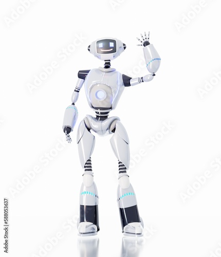 Friendly robot stand and wave its hand. 3D rendering illustration