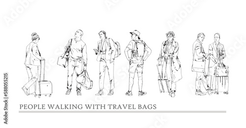 Group of people, tourists with travel bags. Sketch. Collection of silhouettes for project. 