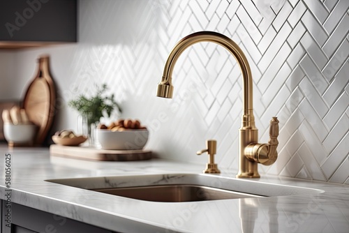 luxury kitchen sink with a gold faucet and marble countertop. Generative AI photo