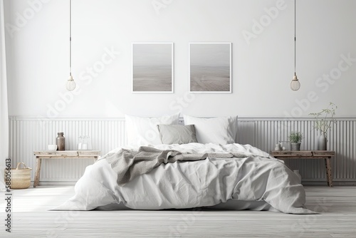 modern white bedroom with a spacious bed. Generative AI