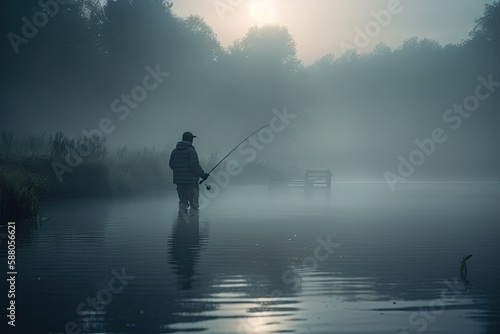 A seasoned angler casting his line into a still, misty lake during the early morning hours - AI Generated
