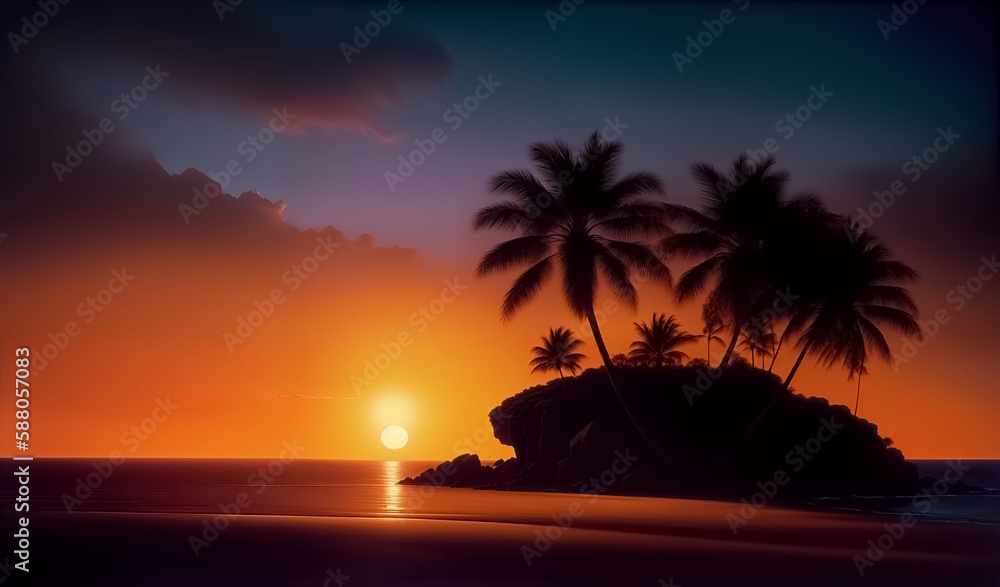 Sunset on the sea. Silhouettes of a small island and palm trees against the backdrop of a bright setting sun reflecting on the water. Generative AI