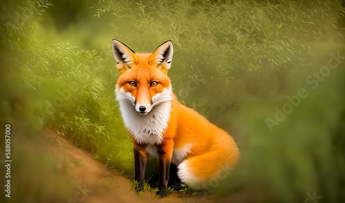 The red fox is seen from behind the bushes sitting on the road. Generative AI