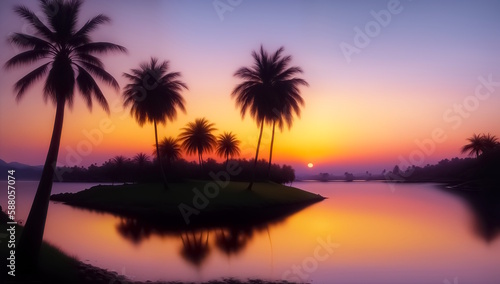 Silhouette of a small island with palm trees in the lake against the backdrop of the setting sun. Generative AI