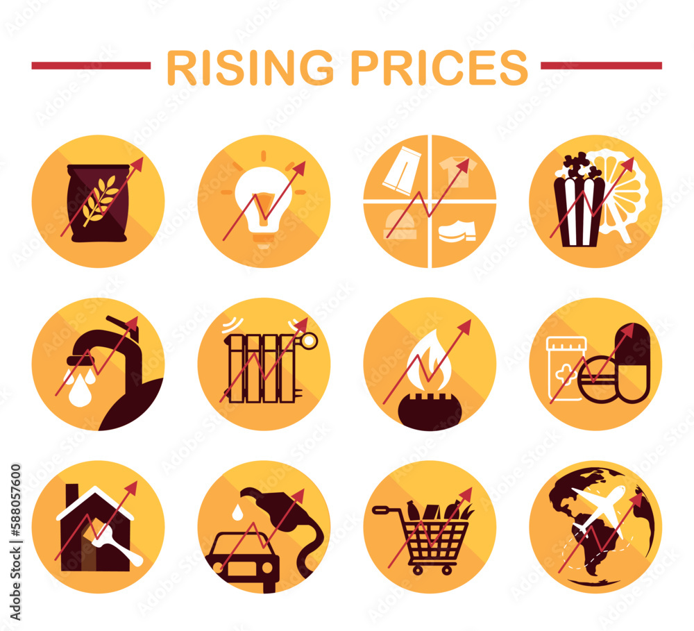 Collage of different icons with growing arrows on white background. Concept of rising prices