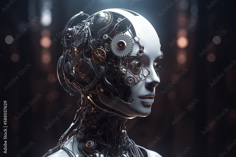 Cyberpunk futuristic robot. Mechanical electronic part of robot head in style of steampunk. Generative AI illustration Cyberpunk futuristic robot. Mechanical electronic part of robot head in style of steampunk. Generative AI illustration