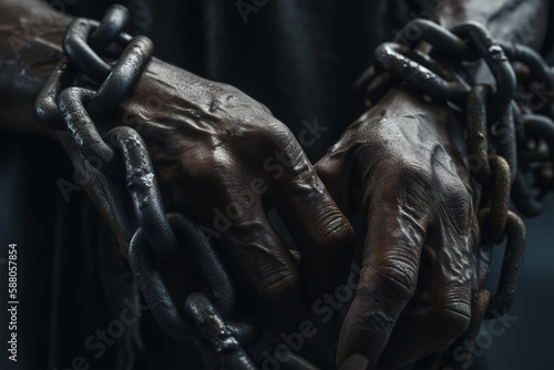 Black working male hands of a slave in chains, close-up. Slavery, arrest, violence concept. Generative AI © Sergio