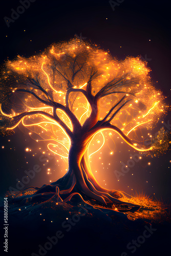 drawing of a magical glowing tree, magical tree with lights and bokeh at night, generative ai © Yuliia