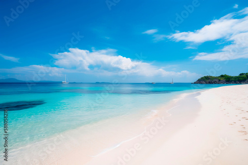 Fototapeta Naklejka Na Ścianę i Meble -  Praia paradisíaca com areia branca, mar azul turquesa e céu com nuvens