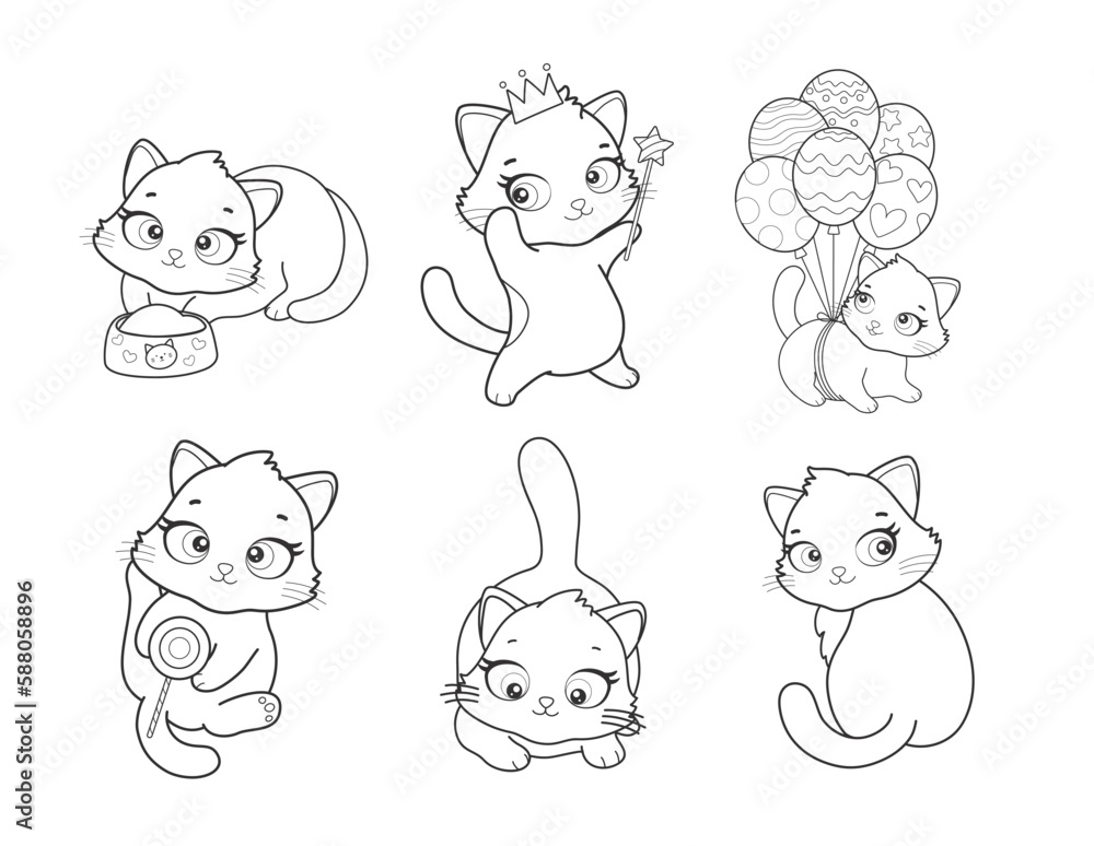 Vector set of cute cartoon style cat in different poses. Animal character illustration for children. Hand drawn line drawings of funny kitten. Big collection of pets for kids, coloring, animation. Vector set of cute cartoon style cat in different poses. Animal character illustration for children. Hand drawn line drawings of funny kitten. Big collection of pets for kids, coloring, animation.