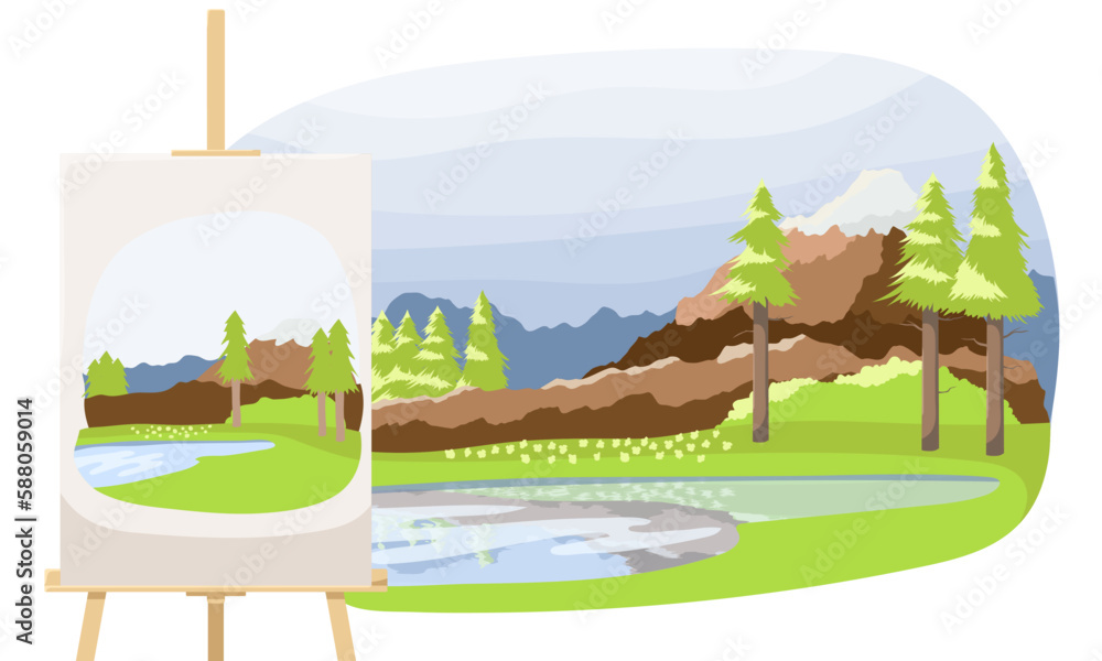 Artist painted summer time landscape with Mountain River. Painter drawing outdoor. Drawn picture with green lawn yellow flowers. Painting with brush and watercolor on canvas easel. Vector illustration