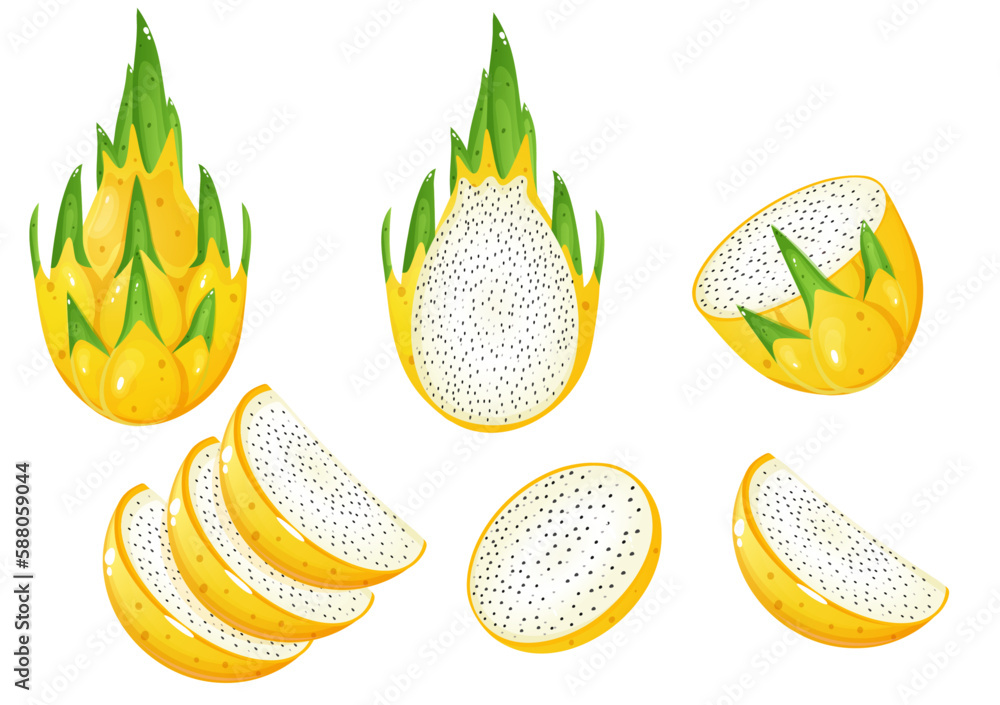 Fotografie Cartoon style yellow dragon fruit set.