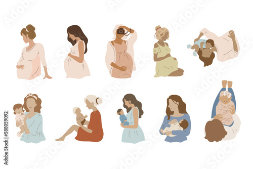 set of hand drawn mom & babies illustration