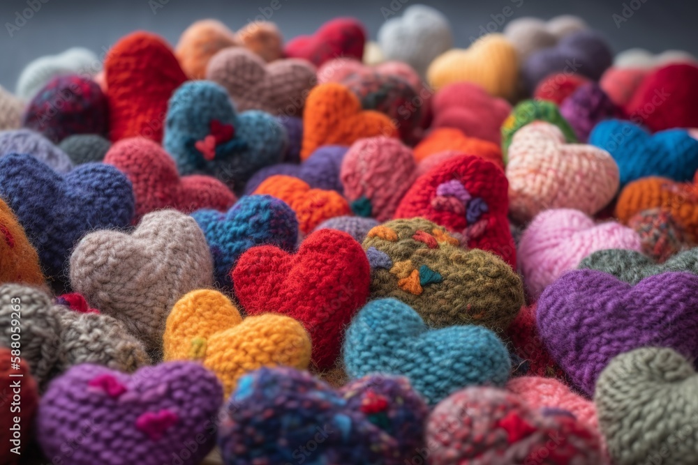 Colorful knitted hearts made by wool. Generative ai Colorful knitted hearts made by wool. Generative ai