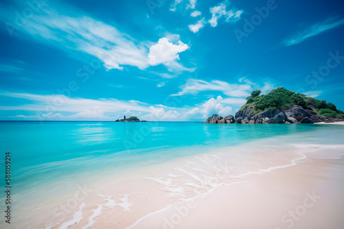 Praia paradisíaca com areia branca, mar azul turquesa e céu com nuvens