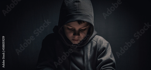 Kid in hoodie with face lit up from watching a screen created with Generative AI