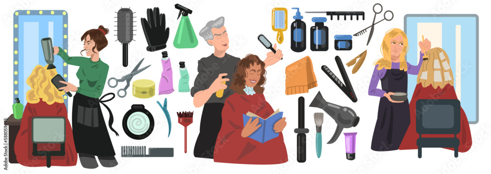 Set of hairdressers making hair coloring in hairdressing salon. Hairstylists doing haircuts and hairstyles for women. Colorful collection of items for beauty haircut service. Float Vector illustration