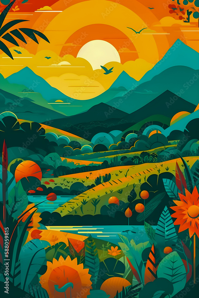 Colombian landscape, mountains and village, flat design, Generative AI Colombian landscape, mountains and village, flat design, Generative AI