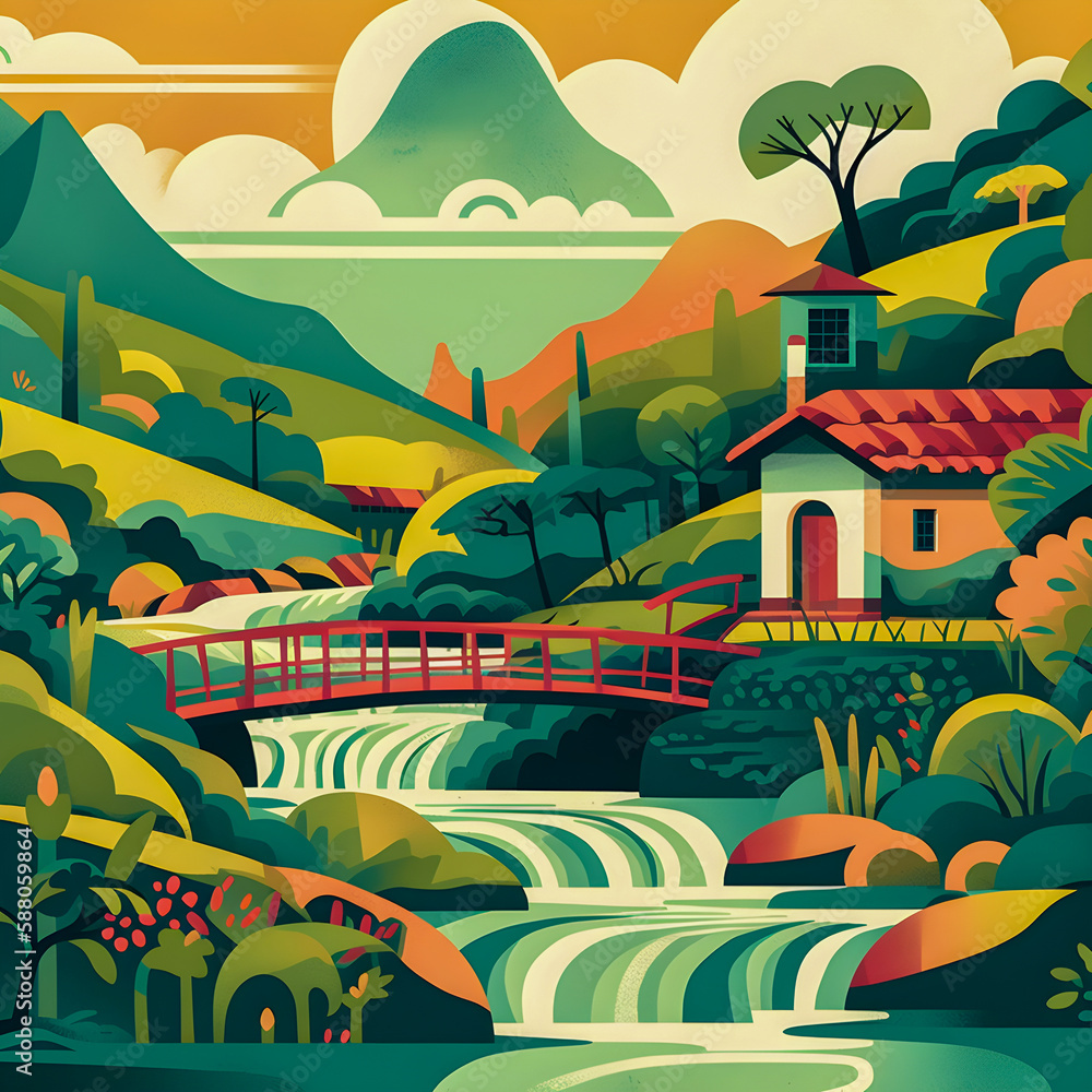 Colombian landscape, mountains and village, flat design, Generative AI