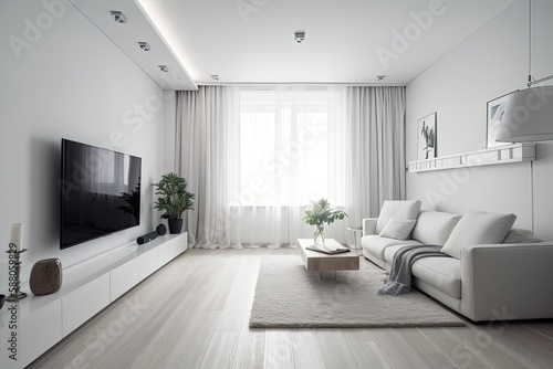 modern living room with a minimalist white sofa and a large flat-screen TV. Generative AI