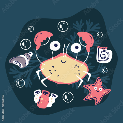 Cute shirt emblem artwork animal underwater ocean reef marine life concept. Vector graphic design illustration