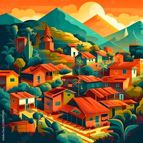 Colombian landscape  mountains and village  flat design  Generative AI