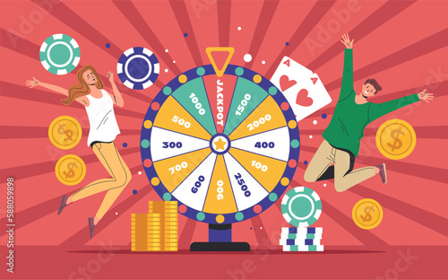 Wheel spin jackpot lucky game prize win abstract concept. Vector graphic design illustration
