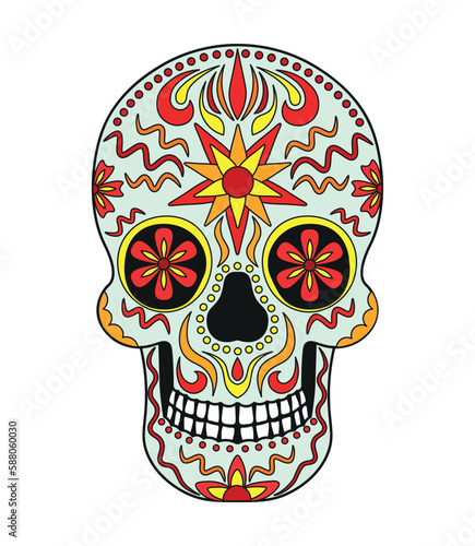 Colorful skull for the day of the dead. Illustration in the Mexican style for creating sticker, tattoo, print.