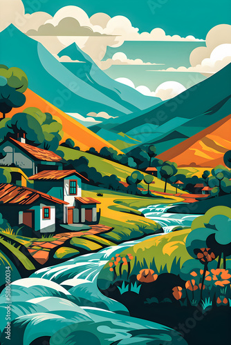 Colombian landscape, mountains and village, flat design, Generative AI © PixelPusher