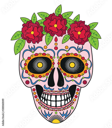 Colorful skull for the day of the dead. Illustration in the Mexican style for creating sticker, tattoo, print.