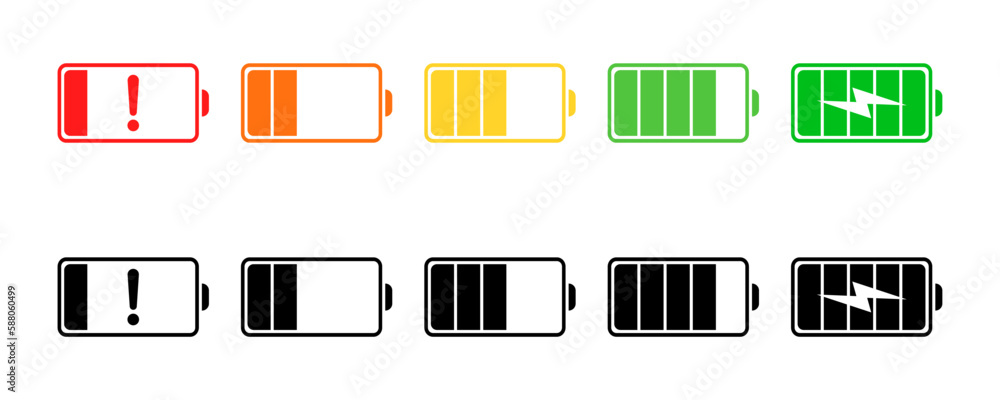 Battery level vector icons set. Battery from low to full charge. Colored and black charge level indicators on white background. Battery level vector icons set. Battery from low to full charge. Colored and black charge level indicators on white background.