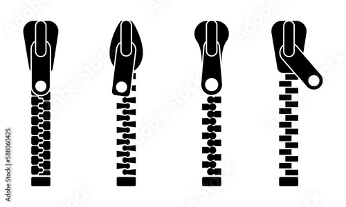 Set of zipper vector icons set. Black silhouette with closed zipper. Closure fastener.