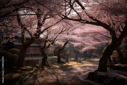 Illustration of a serene and picturesque Japanese landscape, in full bloom with cherry blossoms during sakura season. Ai generated.
