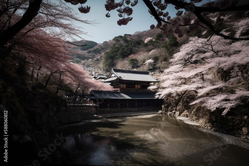 Illustration of a serene and picturesque Japanese landscape  in full bloom with cherry blossoms during sakura season. Ai generated.