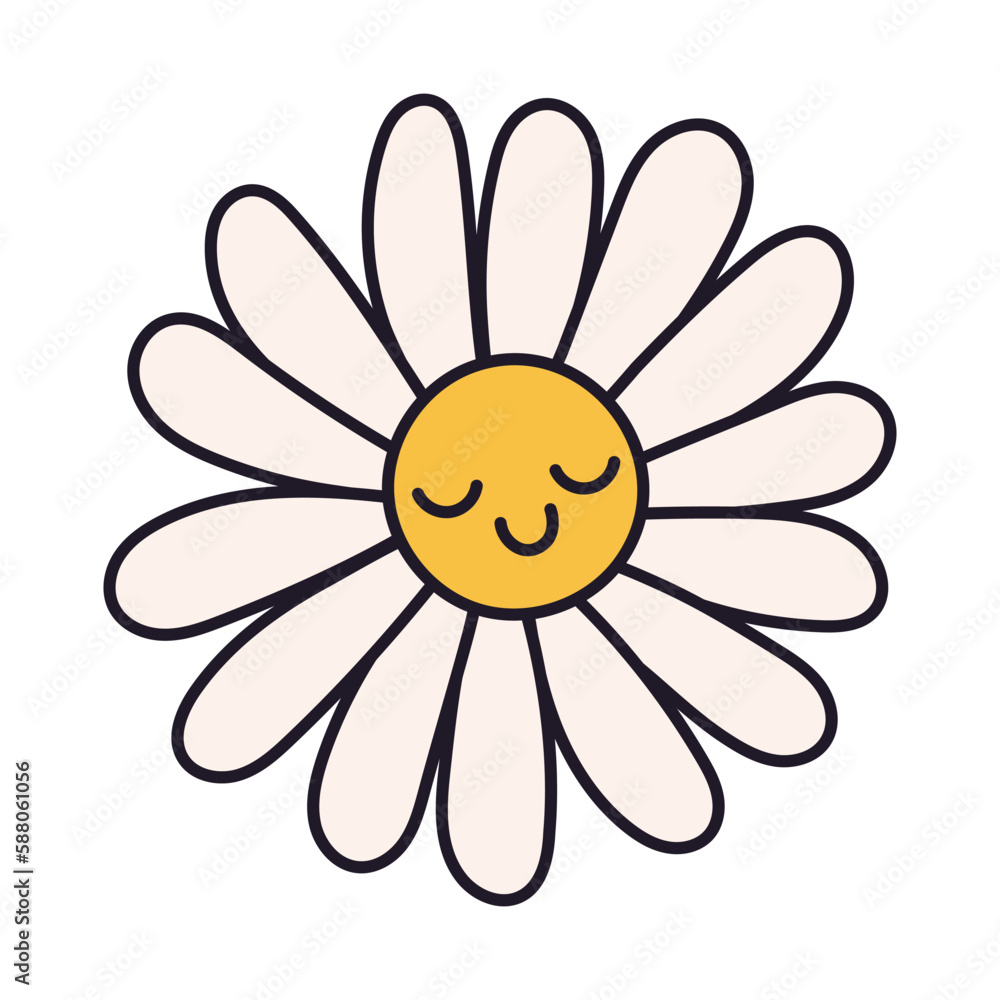 Stickers in trendy retro cartoon style. Smiling cute flower. Vector illustration