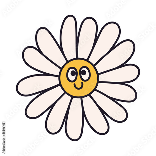 Stickers in trendy retro cartoon style. Smiling cute flower. Vector illustration