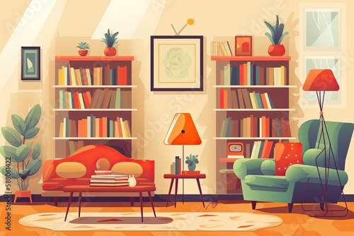cozy living room with a fully stocked bookshelf and comfortable furniture. Generative AI © AkuAku