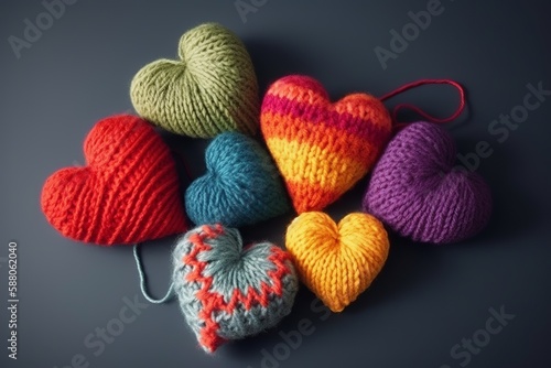 Tiny knitted colorful hearts made of wool. Generative ai