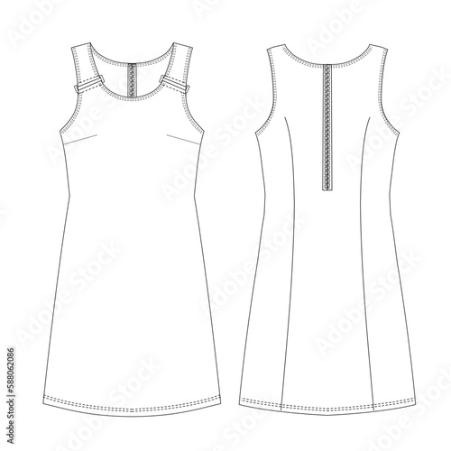 Woman clothes technical drawing, template, sketch, flat, mock up. Jersey or woven fabric, white color	