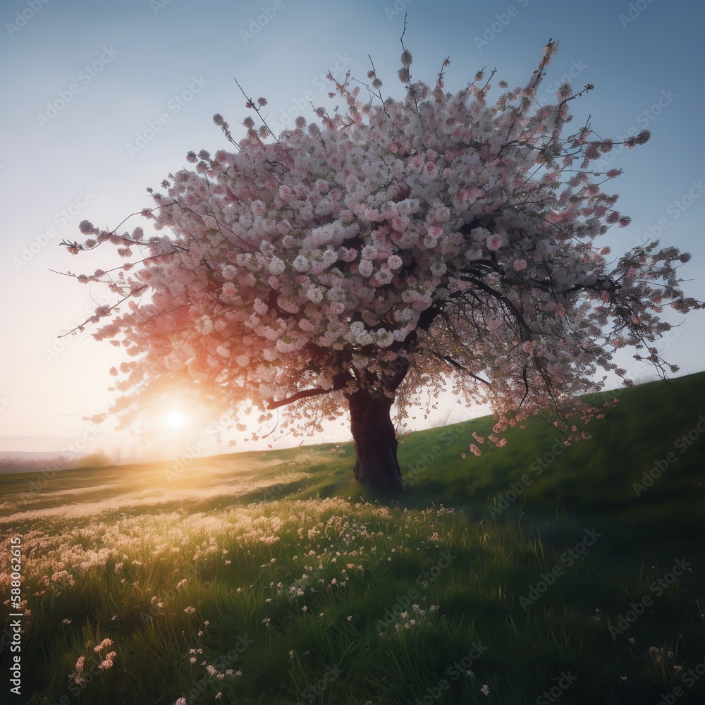 Obraz premium Beautiful Cherry Blossom Tree, Generative AI