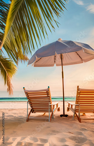 Beach Chairs on a Tropical Beach with White Sand, an Umbrella and Palm Trees on a Perfect Summer Season | Generative AI | Landscape Background