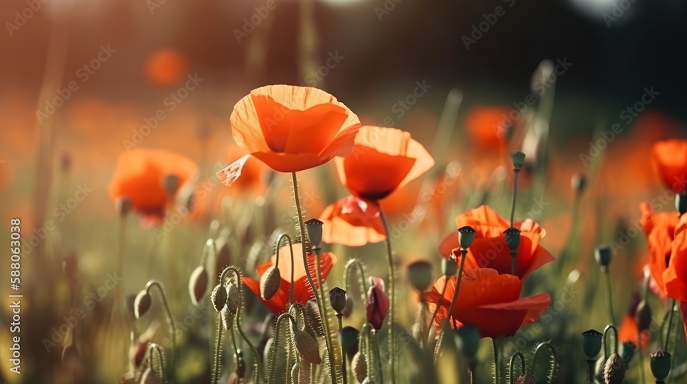 Fototapeta premium poppies background with empty copy space, generative AI