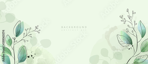 Watercolor bakground with leaves. Floral foliage for wedding invitation, wall art or card template. Vector illustration. Luxury rustic trendy